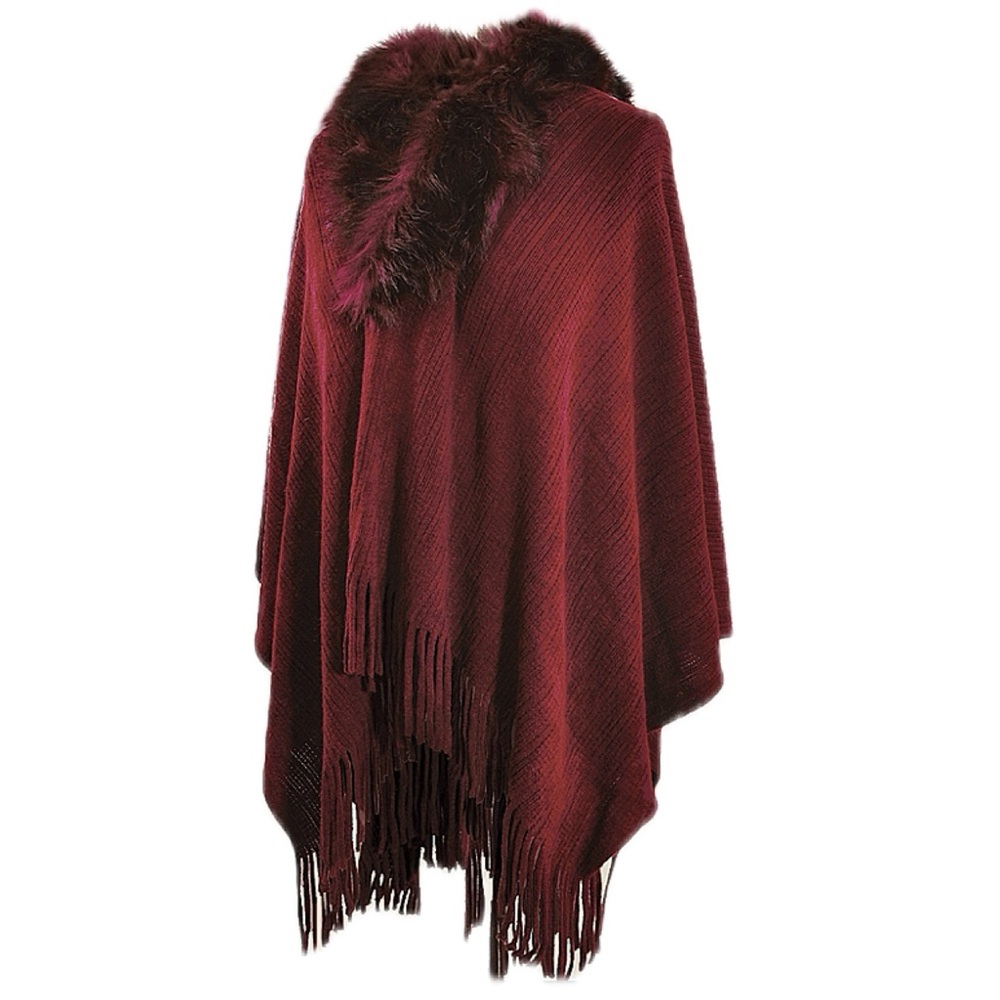 Ladies poncho faux fur trim fringe maroon wine burgundy - Picture 3 of 7